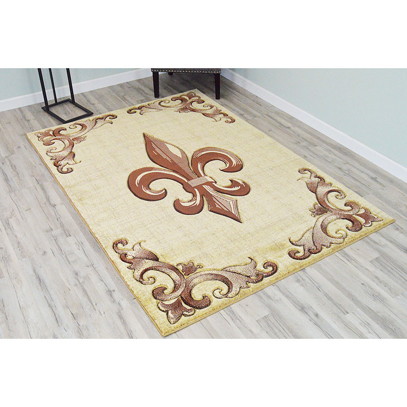 Fleur De Lis Living Walter 3D Hand Carved Fleur De Lis Beige/Brown Area
